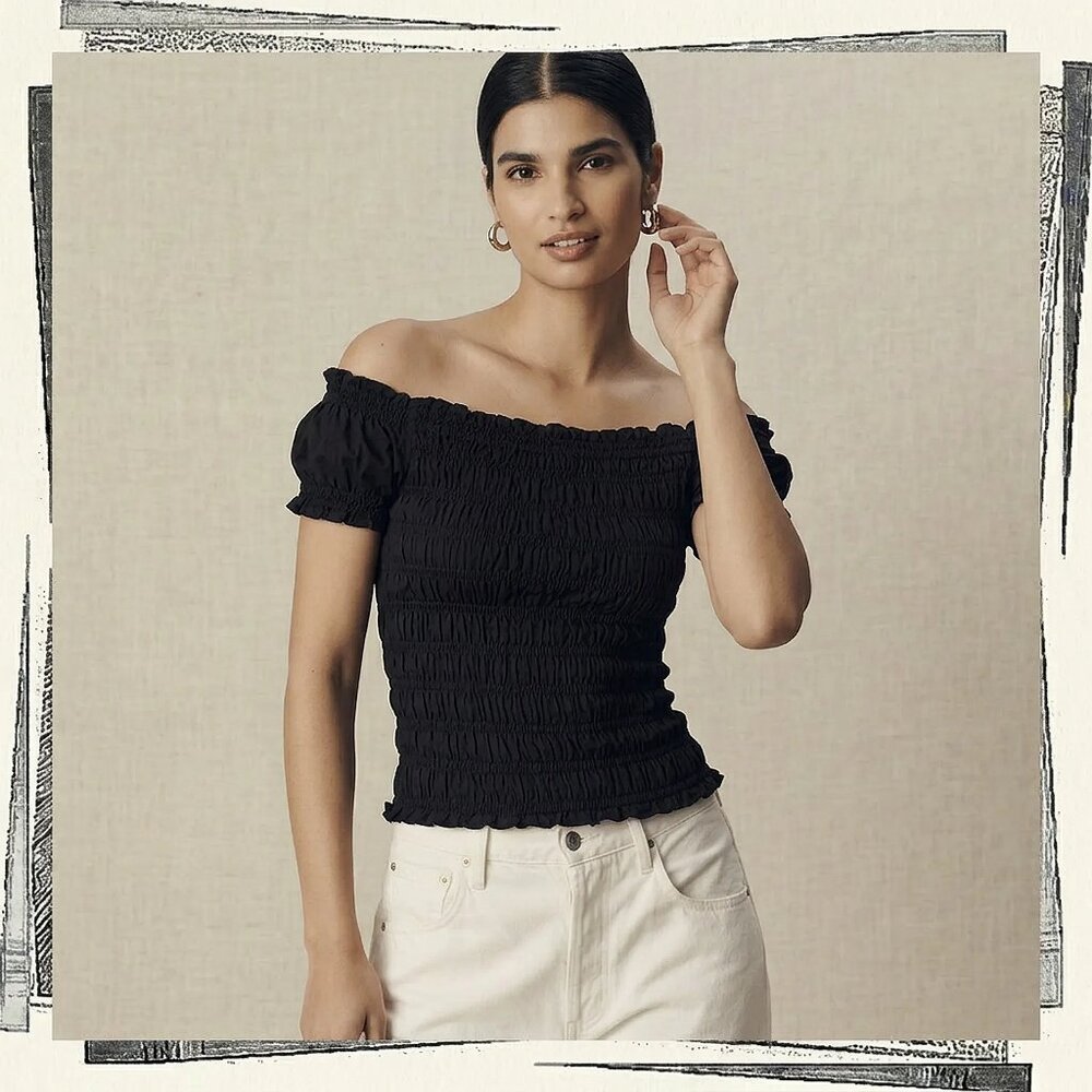 NWT: Black Off-The-Shoulder Smocked Top (XS)